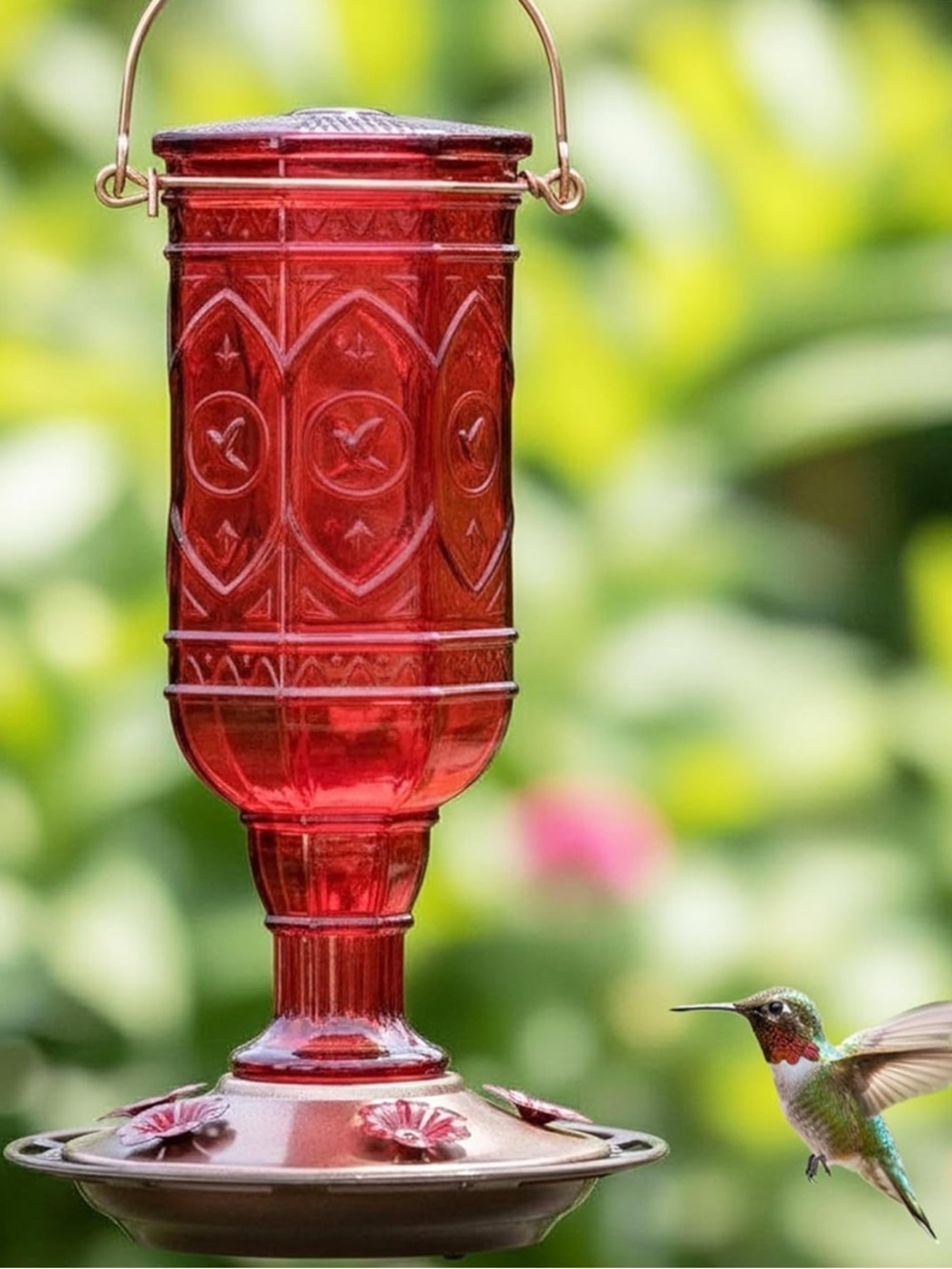 Red Glass Hummingbird Feeder - Decorative Garden Nectar Dispenser. New in box.